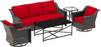 5 Pieces Outdoor Conversation Furniture Set - 77" Patio Sofa, 2 Swivel Rocker Chairs, 1 Side Table, 1 Metal Coffee Table, Patio Wicker Couch Set with Washable Cushions for Porch (Red)