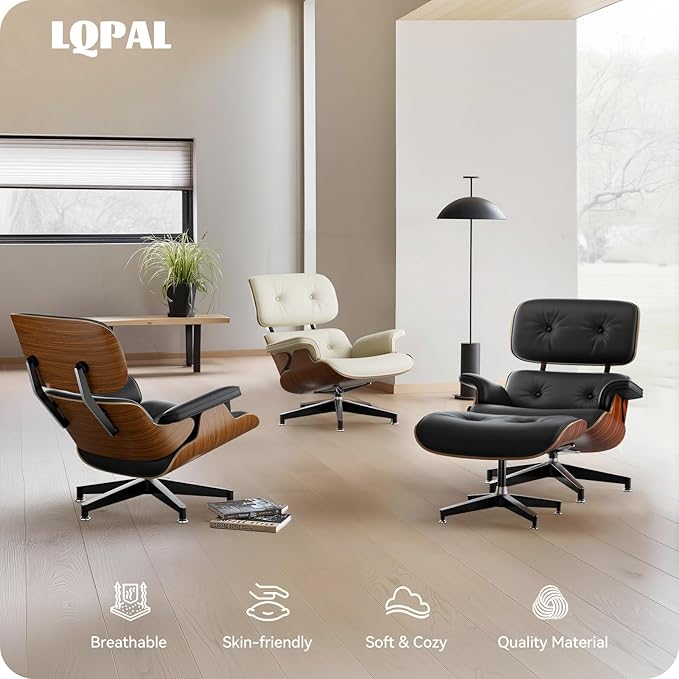 Top Black Grain Leather, Mid Century Chaise Lounge Chair and Ottoman, Modern Chair Classic Design, Walnut Wood, Heavy Duty Base Support for Living Room Study Lounge Office
