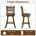 COSTWAY 25” Swivel Counter Height Barstools Set of 2, Rubber Wood Bar Stools with Rattan Backrest, Footrest, Upholstered Leathaire Armless Chairs for Kitchen Island, Pub, Brown (2, 25” Seat Height)