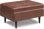 SIMPLIHOME Shay 34 inch Wide Mid Century Modern Small Rectangle Coffee Table Storage Ottoman in Distressed Saddle Brown Vegan Faux Leather, Assembled, For the Living Room, Entryway and Family Room