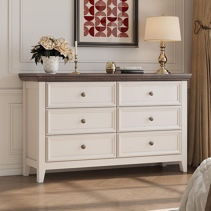 Dresser for Bedroom 6 Drawers Dresser - 47.2" Wide 6 Chest of Drawers Storage Double Cabinet as Bedfoot Organizer & Wardrobe Cabinet（Antique White & Brown）