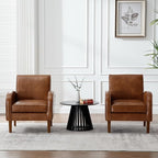 Mid Century Modern Armchair Brown Faux Leather Accent Chair with Arm Comfy Chairs Reading Chair Sofa Chair for Living Room, Rubber Wood Legs