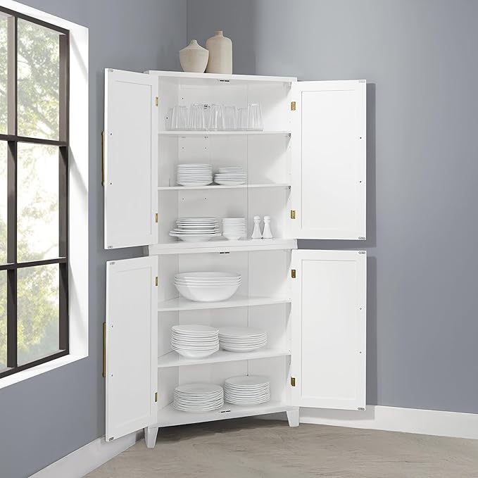 Crosley Furniture Roarke Corner Kitchen Storage Pantry Cabinet with Shelves, Kitchen, Dining, Laundry Room, White