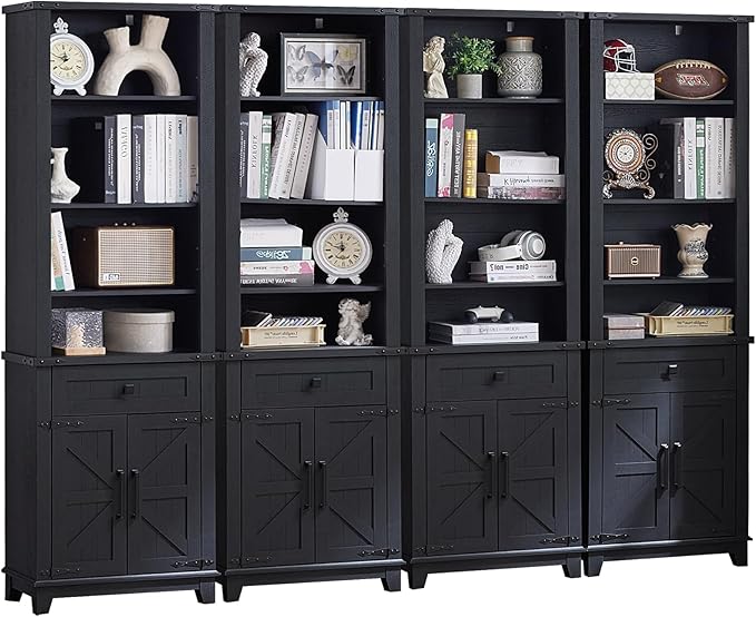 72in Tall Bookshelf 7 Tier Bookcase with Drawer and Barn Doors and Adjustable Shelves, Black Farmhouse Book Shelf with Storage Cabinet, Wood Freestanding Display Bookshelves for Kitchen (4PCS)