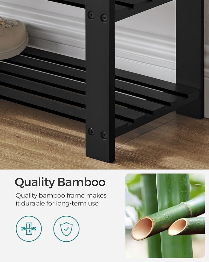 SONGMICS Bamboo Shoe Bench, 3-Tier Shoe Rack Organizer for Entryway, Living Room, Bench Seat Holds Up to 300 lb, 11.9 x 28.3 x 19.2 Inches, Ink Black and Slate Gray ULBS604B01