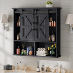 Vabches Bathroom Wall Cabinet, Farmhouse Medicine Cabinet with Double Sliding Barn Door and Adjustable Shelves, Wooden Vintage Storage Cabinet Wall Mounted for Bathroom, Kitchen Dining, Black
