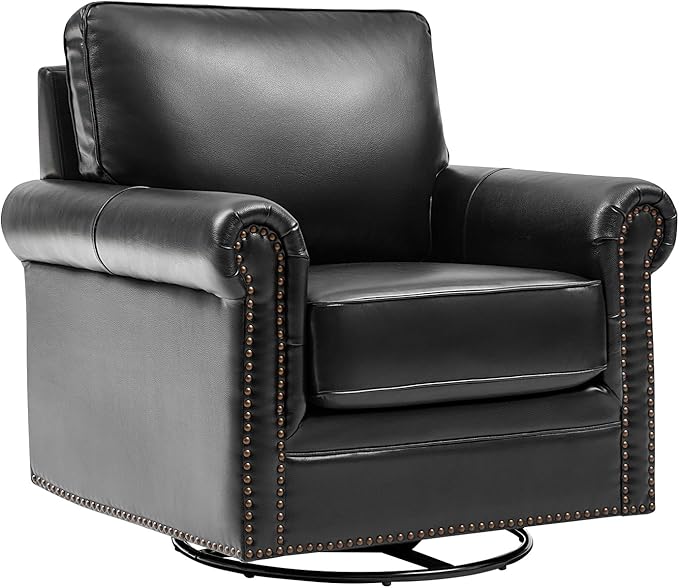 HULALA HOME Swivel Accent Chair Genuine Leather Barrel Rocker Chair with Metal Base Transitional Armchair Padded Round Armrest, Black