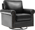 HULALA HOME Swivel Accent Chair Genuine Leather Barrel Rocker Chair with Metal Base Transitional Armchair Padded Round Armrest, Black