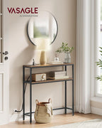VASAGLE Console Table with Power Outlet, 2-Tier Narrow Sofa Table with 2 Shelves, 7.9 x 31.5 x 31.5 Inches, for Living Room, Hallway, Entryway, Rustic Brown and Ink Black ULNT135K01