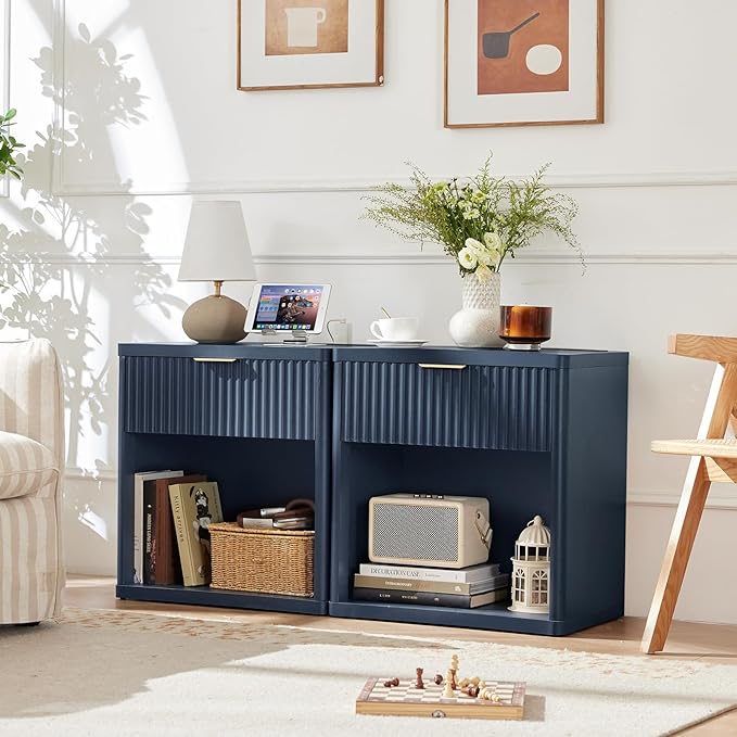 LEYAOYAO Fluted Nightstand with Charging Station, 23" Wide 1 Drawers End Table,Blue Night Stand with Open Storage Cabinet, Farmhouse Bed Side Tables, Wood Dresser for Bedroom, Living Room, Closet