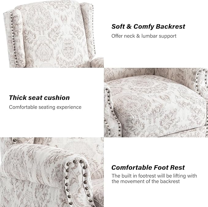 Wingback Recliner Chair Set of 2, Floral Fabric Pushback Recliner Chair, Upholstered Armchair Push Back Recliner, Rivet Trim Single Sofa Accent Chair with Wood Legs for Living Room, Beige