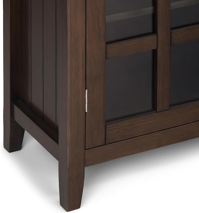 SIMPLIHOME Acadian Storage Cabinet - 39 inch Wide Solid Wood 4-Shelf Display Cabinet in Natural Aged Brown, Transitional Cupboard for Living Room or Dining Room with Glass Doors and Adjustable Shelves