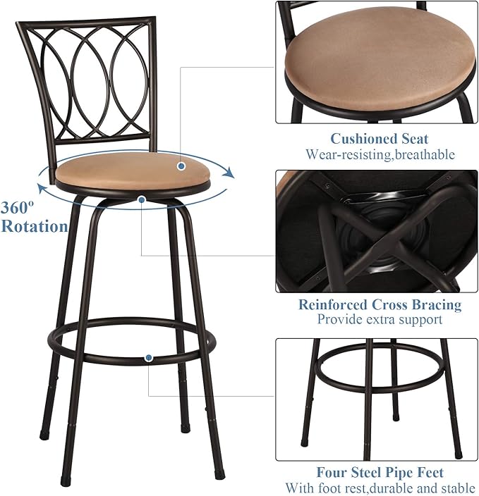 VECELO Adjustable Height Barstools 360 Degree Swivel Sturdy Steel Bistro Pub Chair/Comfortable Round Seat Cushions-Set of 2, Style B, Retro Brown