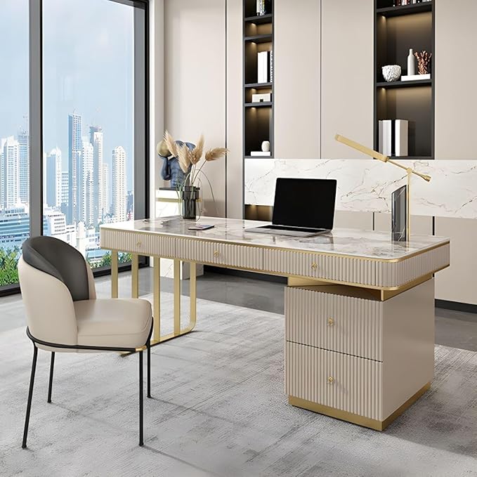RUNNUP Stone top Computer Desk with 5 Drawers, Rectangular Home Computer Desk Writing Desk, Modern Executive Desk, Without Chairs, Black, 47.5" L x 23.5" W x 29.5" H