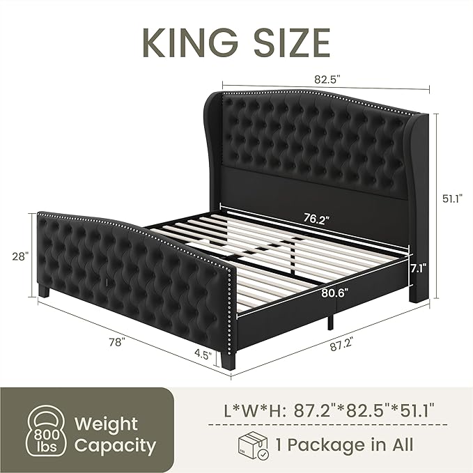 LARMACE King Size Bed Frame Velvet Upholstered Platform Bed with Wingback Headboard & Footbaord, Deep Button Tufted Bed Frame with Wood Slats Support, No Box Spring Needed, Black
