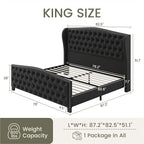 LARMACE King Size Bed Frame Velvet Upholstered Platform Bed with Wingback Headboard & Footbaord, Deep Button Tufted Bed Frame with Wood Slats Support, No Box Spring Needed, Black