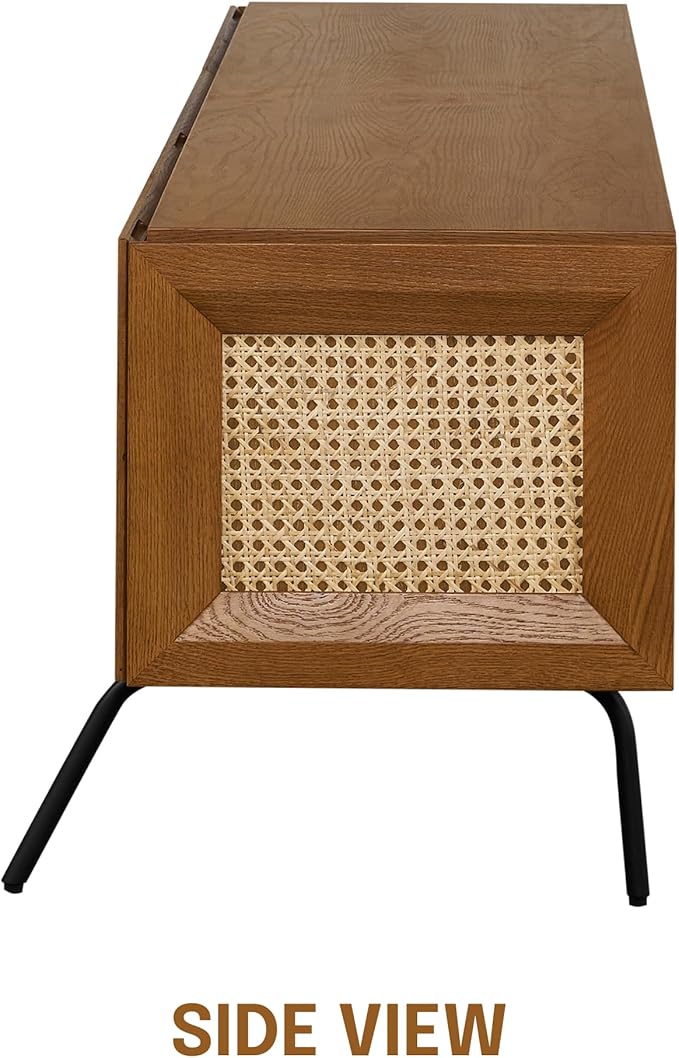 NTC Mossic TV Media Cabinet with 3 Doors for TVs, Entertainment Center with Natural Rattan, Metal Legs, Modern Storage Console for Living Room and Bedroom, Effortless Assembly, Rustic Oak