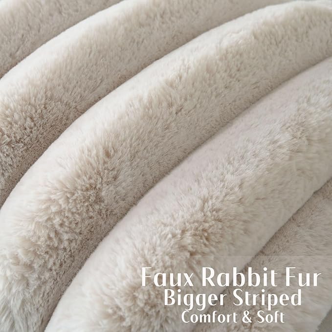 FUTEI Beige Decorative Throw Pillow Covers 20x20 Inch Set of 2, Square Soft Faux Rabbit Fur Thick Striped Cushion Cover,Winter Home Decor for Couch Bed Living Room
