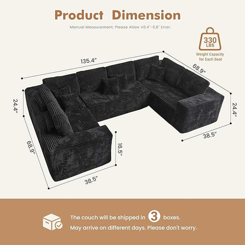 135.4'' U Shaped Sectional Couches for Living Room, Large Boneless Cloud Couch, Modern Modular Sofa Deep Seat Plush Corduroy, No Assembly Required,Plush Corduroy,Black