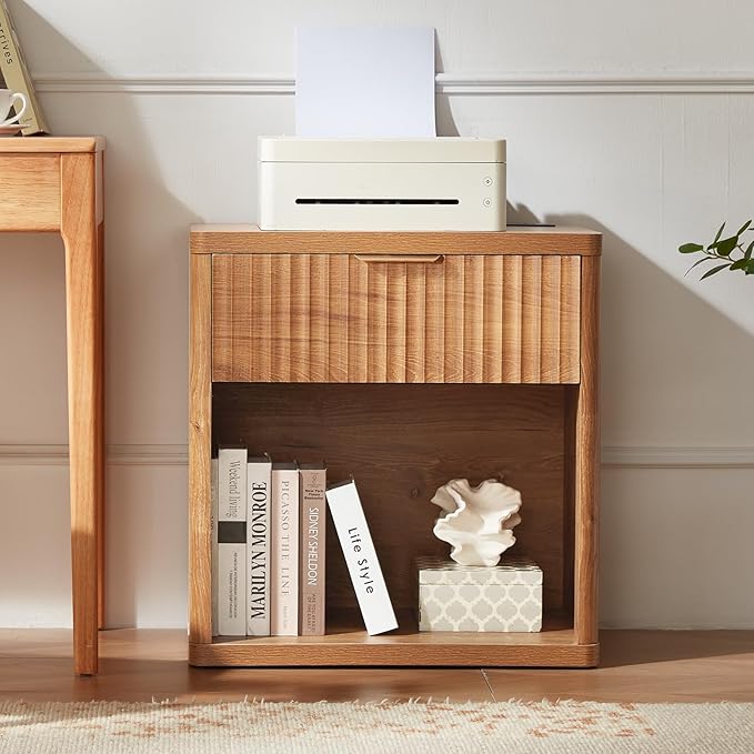 LEYAOYAO Fluted Nightstand with Charging Station, 23" Wide 1 Drawers Night Stand,Brown End Table with Open Storage,Farmhouse Bed Side Tables, Wood Dresser for Bedroom, Living Room, Closet