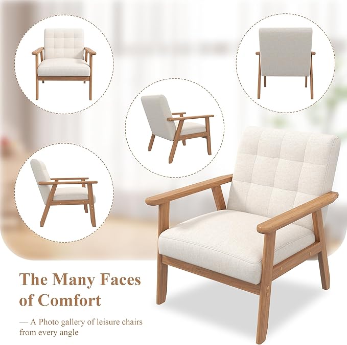 Westice Accent Chair Set of 2, Mid-Century Modern Living Room Chairs with Solid Wood Frame & Soft Thicken Cushion, Upholstered Arm Reading Chair for Bedroom, Balcony, Beige Linen Fabric & Natural Legs