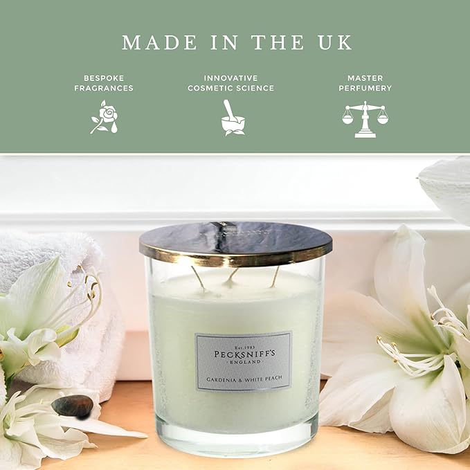 Pecksniffs Classic Gardenia & White Peach Scented Candle | 3 Wicks Luxury Candle in Elegant Glass Vessel with Metal Lid | Gardenia Scented Candles | 550g/19.4oz