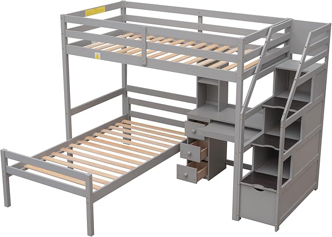 Twin Size Solid Wood Loft Bed with Storage Staircase and Desk, Bedroom Multifunctional Separable Bed Frame w/Shelves & Drawers,No Box Spring Needed,for Adult Kid Boy Girl,Gray