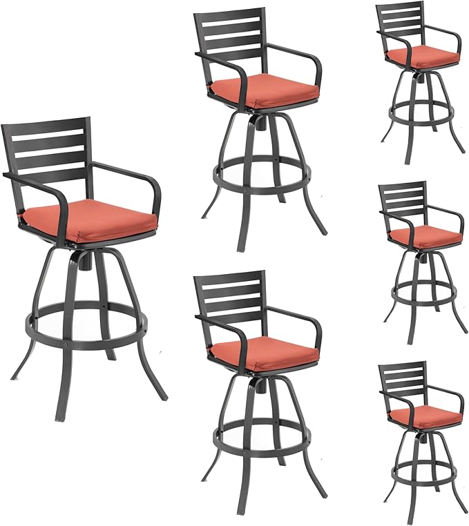 Pellebant Outdoor Swivel Barstools Set of 6, Aluminum 29.5" Bar Height Stool Chairs with Back & Footrest,Rust-Proof Tall Patio Bar Stools for Deck Lawn Garden, Red