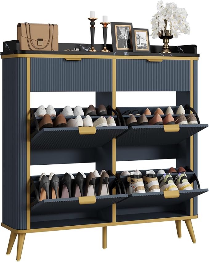 Fluted Shoe Storage Cabinet with 4 Flip Drawers & 2 Drawers, Freestanding Hidden Shoe Organizer with Adjustable Shelves, Wood Narrow Shoe Rack Cabinet for Entryway, Foyer, Hallway, Navy Blue