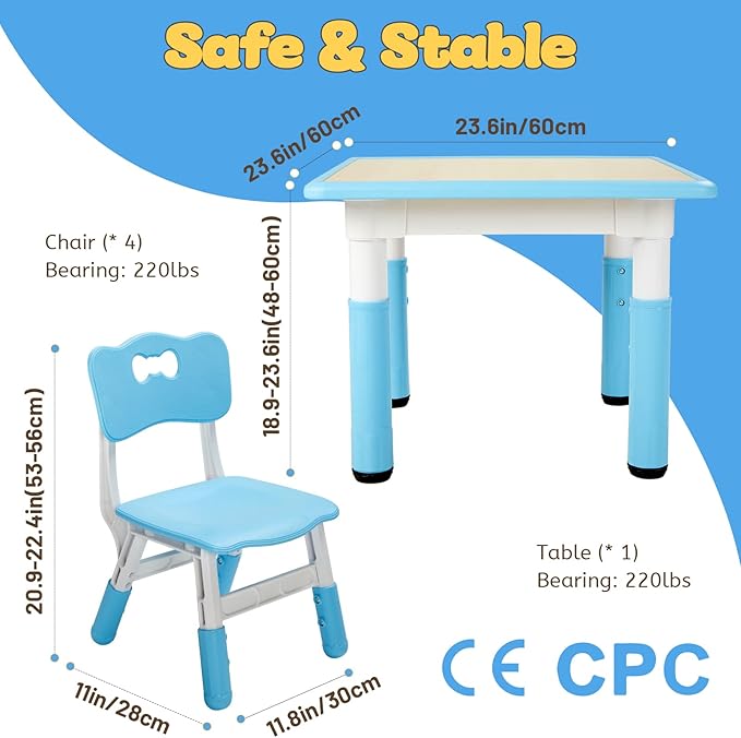 FUNLIO Kids Table and 2 Chairs Set, Height Adjustable Toddler Table and Chair Set for Ages 3-8, Easy to Wipe Arts & Crafts Table, for Classrooms/Daycares/Homes, CPC & CE Approved (3pcs Set) - Blue