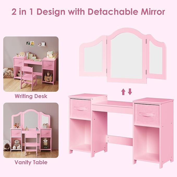 Arlopu Kids Vanity Set, 2 in 1 Toddler Makeup Dressing Table and Chair Set w/Detachable Tri-fold Mirror, Open Shelves, Princess Wooden Pretend Play Desk Furniture Toy for Little Girl (Pink)