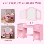 Arlopu Kids Vanity Set, 2 in 1 Toddler Makeup Dressing Table and Chair Set w/Detachable Tri-fold Mirror, Open Shelves, Princess Wooden Pretend Play Desk Furniture Toy for Little Girl (Pink)