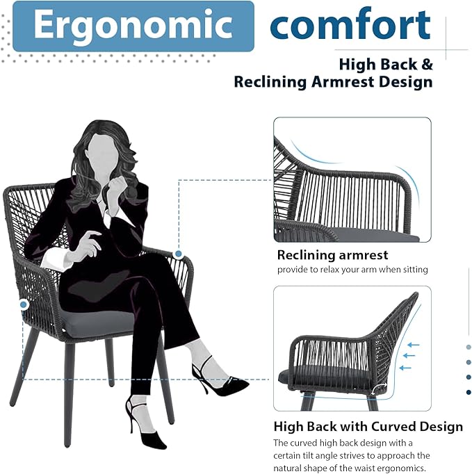 JOIVI Outdoor Dining Chairs Set of 2, 2 Pieces Woven Rope Patio Chairs with Armrest and Seat Cushions for Outside Porch, Balcony or Indoor Kitchen, Restaurant, Gray