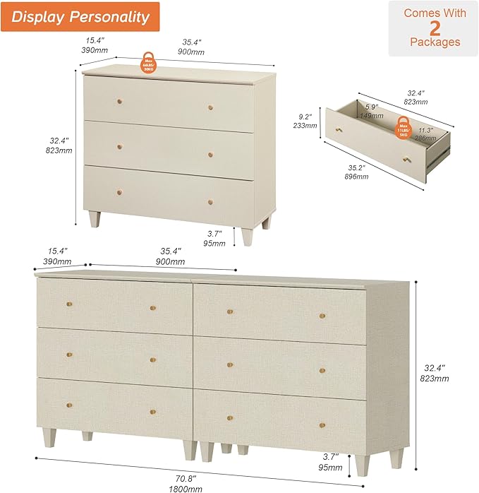 WAMPAT 6-Drawer Kids Dresser for Bedroom, 2-in-1 Modern Large Chest of Drawers with Gold Knobs, 71 Inch Wide Linen Printed Finish Wood Children Dresser for Baby Room, Nursery, Dark Beige