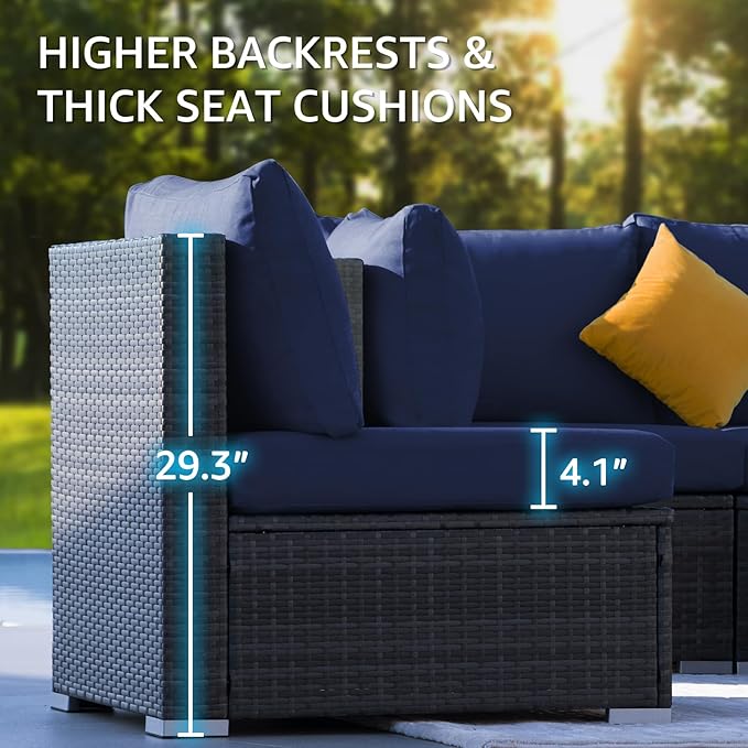 NICESOUL 10 Piece L-Shaped Outdoor Furniture Conversation with Fireplace Natural Gas/Propane, 29.3'' High Back Oversized Rattan Sofa Couch, Wide Deep Seated Patio Sectional, 2 Color Cushion Navy&Grey