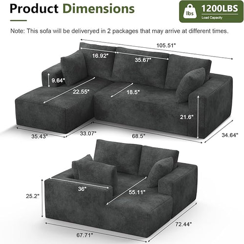 108” Cloud Sectional Couch, Modular Sectional Sofa with Deep Seat, Corduroy Boneless Couches with Chaise for Living Room Bedroom, No Assembly Required