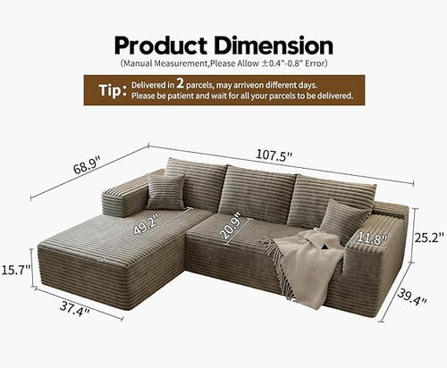 107.5" Cloud Sectional Couch with L-Shape Chaise,Modern Modular Sofa with Deep Seat, Upholstered Couches for Living Room Bedroom Apartments,No Assembly Required, (Camel,Left Facing Chaise)