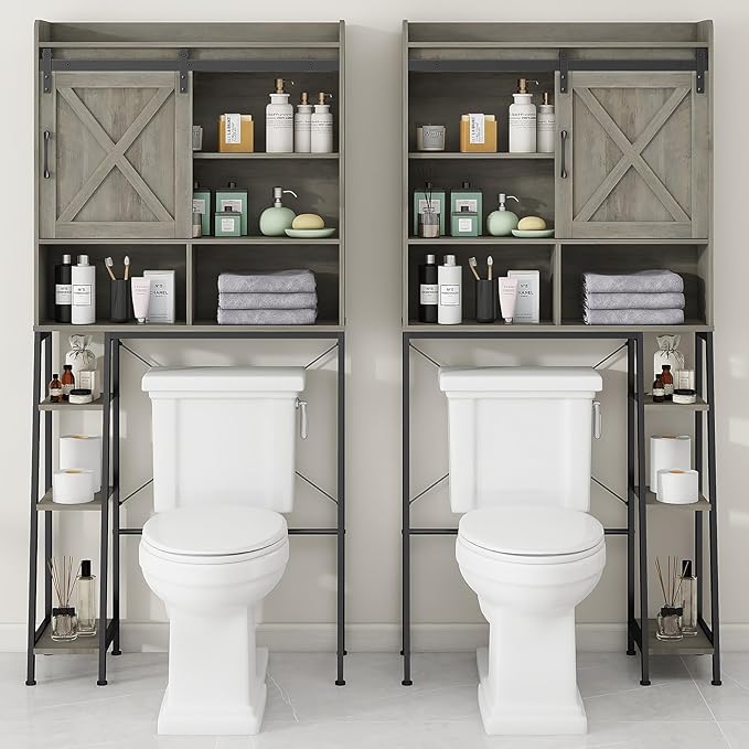 Over The Toilet Storage Cabinet, Farmhouse Storage Cabinet Over Toilet with Sliding Barn Door,Home Space-Saving Toilet Rack, for Bathroom, Restroom, Laundry, Grey