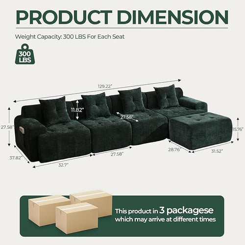 129.23”Modular Sectional Couch for Living Room, Modren L-Shape Cloud Sectional 4-Seater Sofa with Movable Ottoman, Woven Texture Upholstery Boneless Couch, No Assembly, Green