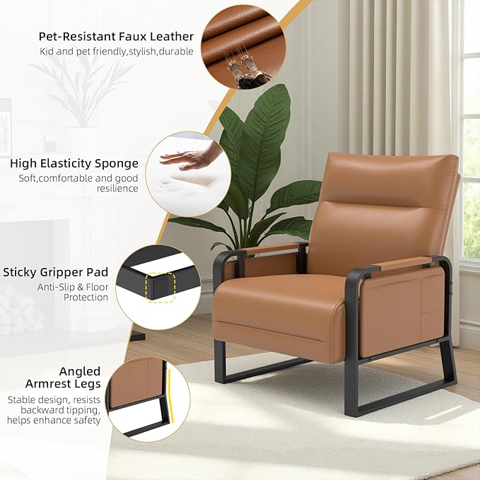 Faux Leather Accent Chair with Flip Up Tray Table Soft Backrest Side Pocket for Living Room Office Bedroom Leather Accent Chair, Brown