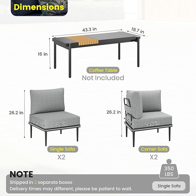 Sundale Outdoor 4 Pieces Metal Patio Furniture Set, Outdoor Sectional Sofa w/6 Inch Olefin Cushion, Modern Outdoor Conversation Sets