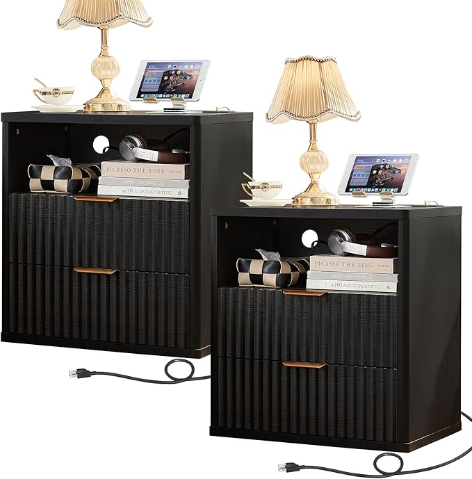 LEYAOYAO Fluted Farmhouse Nightstand Set of 2 with Charging Station, 23" Wide 2 Drawers End Table,Black Dresser for Bedroom,Bed Side Table Chest of Drawers Cabinet,Wood Night Stand for Living Room