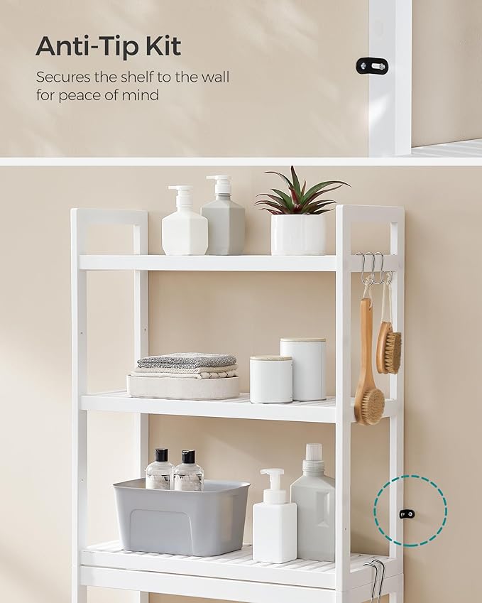 SONGMICS Over The Toilet Storage, 3-Tier Over Toilet Bathroom Organizer with Adjustable Shelf, 10.2 x 24.8 x 66.9 Inches, Space-Saving, Cloud White UBTS01WT