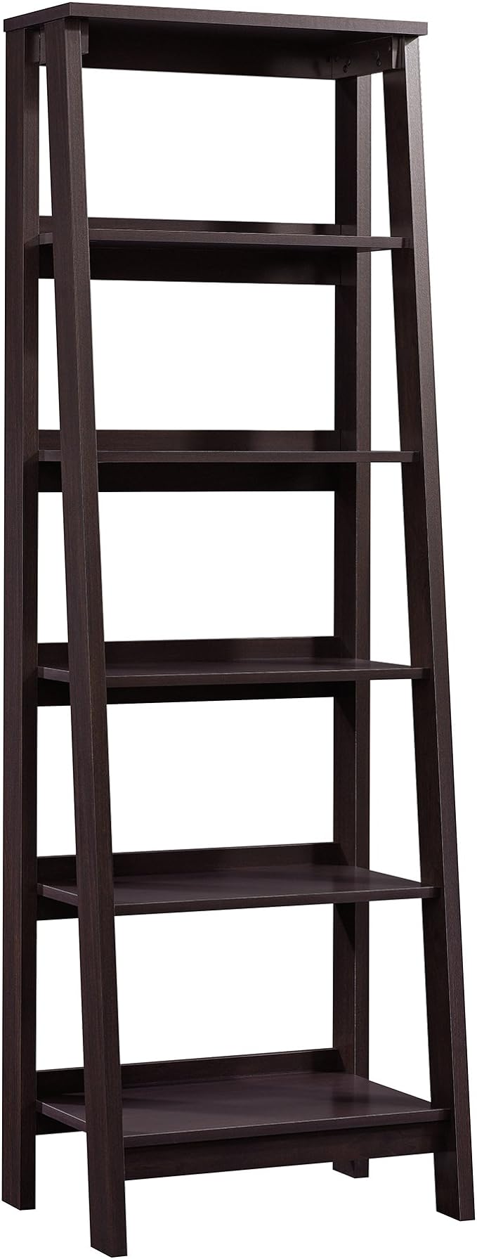 Sauder Ladder Bookshelf 5 Tier Trestle Ladder Shelf Wooden Bookcase, in Jamocha Wood