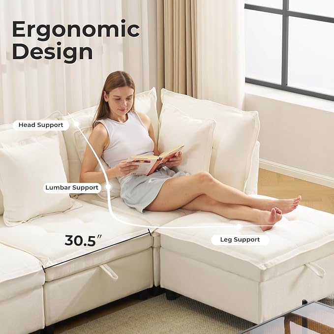 103" Modular Sectional Sofa, L-Shaped Corduroy Comfy Sectional Couches for Living Room, 3-Seater Cloud Couches with 1 Ottoman, Modern Deep Seat Sofa with Large Storage, Beige