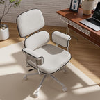 Fabric Office Chair with Granular Linen, Mid Back Vintage Desk Chair with Wheels and Wide Arms, Mid Century Modern Home Office Desk Chairs with Molded Cotton Seat Cushion, Adjustable Height, White