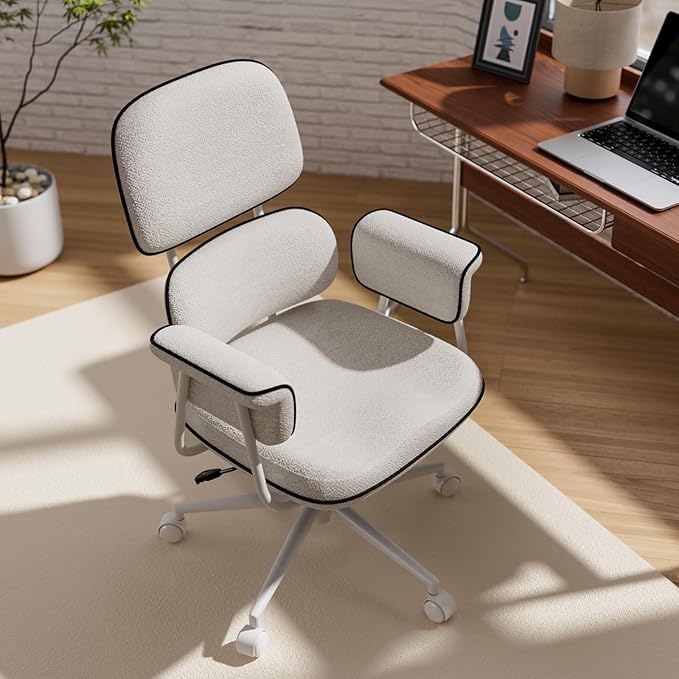 Fabric Office Chair with Granular Linen, Mid Back Vintage Desk Chair with Wheels and Wide Arms, Mid Century Modern Home Office Desk Chairs with Molded Cotton Seat Cushion, Adjustable Height, White