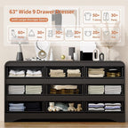Dresser for Bedroom with 9 Drawers, 63" Large Modern Dressers & Chest of Drawers with Curved Profile Design, Wood Closet Clothes Storage Long Dressers Organizer for Bedroom Living Room Hallway, Black
