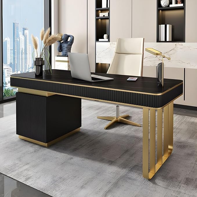 RUNNUP Stone top Computer Desk with 5 Drawers, Rectangular Home Computer Desk Writing Desk, Modern Executive Desk, Without Chairs, Khaki, 55" L x 23.5" W x 29.5" H