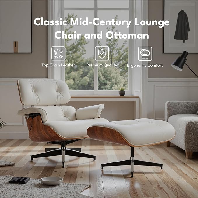Top Grain Leather, Mid Century Chaise Lounge Chair and Ottoman, Modern Chair Classic Design, Heavy Duty Base Support for Living Room Study Lounge Office, Palisander-White